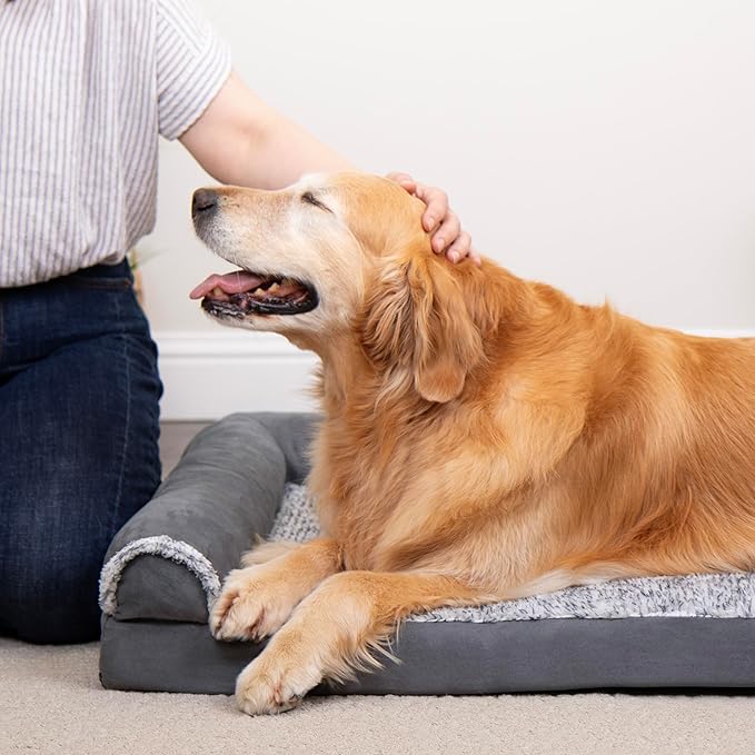 Furhaven Orthopedic Dog Bed for Large/Medium Dogs w/ Removable Bolsters & Washable Cover, For Dogs Up to 55 lbs - Two-Tone Plush Faux Fur & Suede L Shaped Chaise - Stone Gray, Large