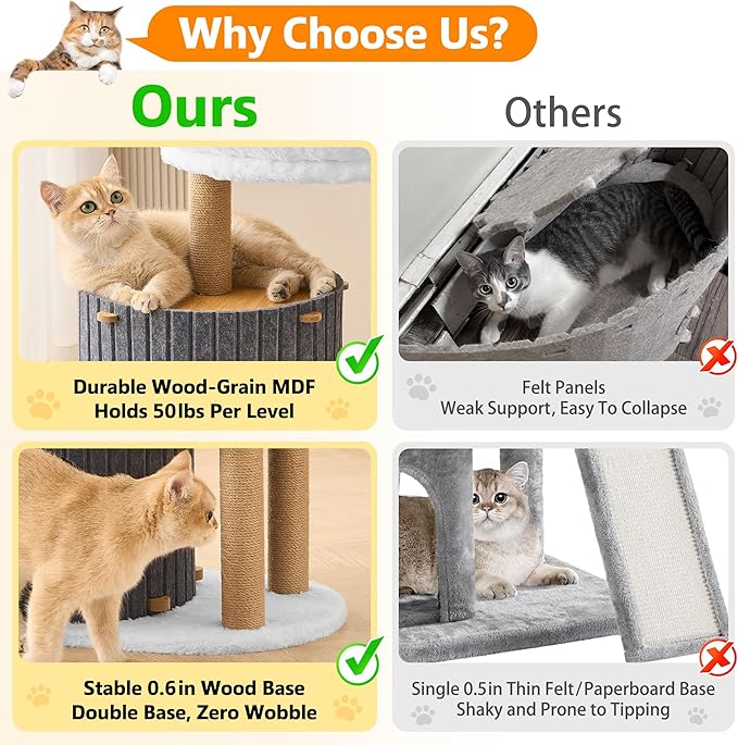 Modern Cat Tree for Indoor Cats Large Adult, 36in H Cat Condo Tower with Scratching Posts, Cozy Cat Bed Cave, Washable Cushions, Dangling Balls, Play&Nap Cat House for All Breeds of Cats, Gray