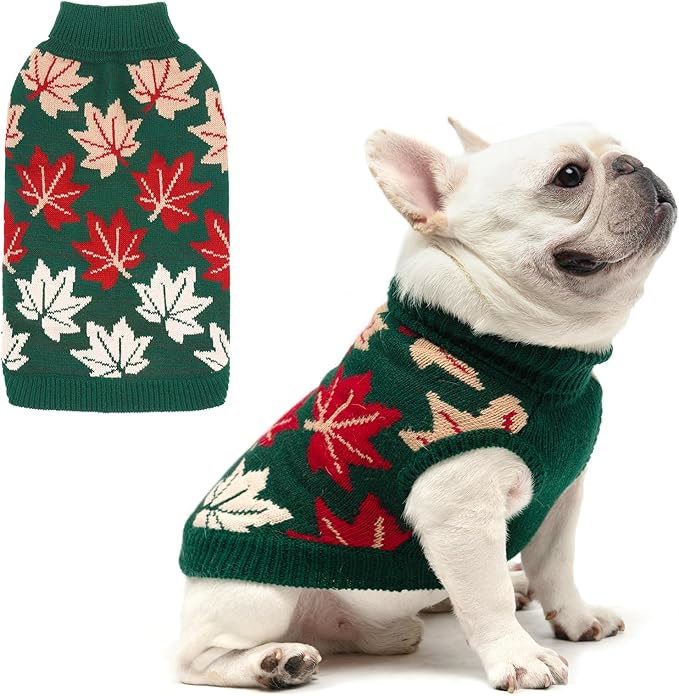 KOOLTAIL Fall Dog Sweater, Thanksgiving Dog Sweater with Autumn Maple Leaf Pattern, Cold Weather Pet Knitted Winter Coats Clothes Turtleneck Pullover for Small Medium Large Dogs Cat Boy Girl, Green S