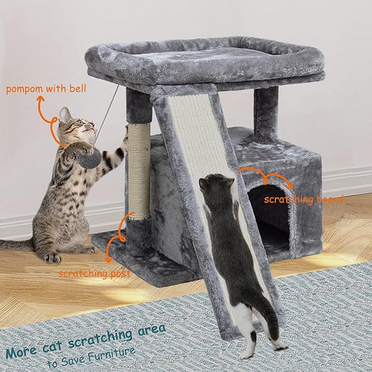 Small Cat Tree for Indoor Cats，Cat Tower with Scratching Post and Board，Cat House with Perch for Kitten, Stable Condo and Stand (Light Grey)