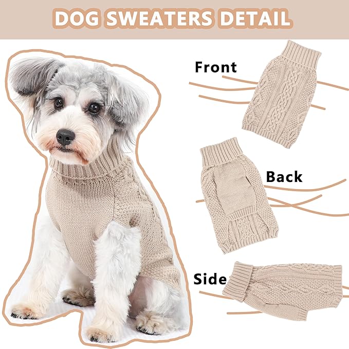 Dog Sweaters Small Dog Clothes Winter Turtleneck Puppy Sweater Warm Pet Cat Sweater Doggy Pullover Outfit with Twisted Design XS~XL(Beige, Large)