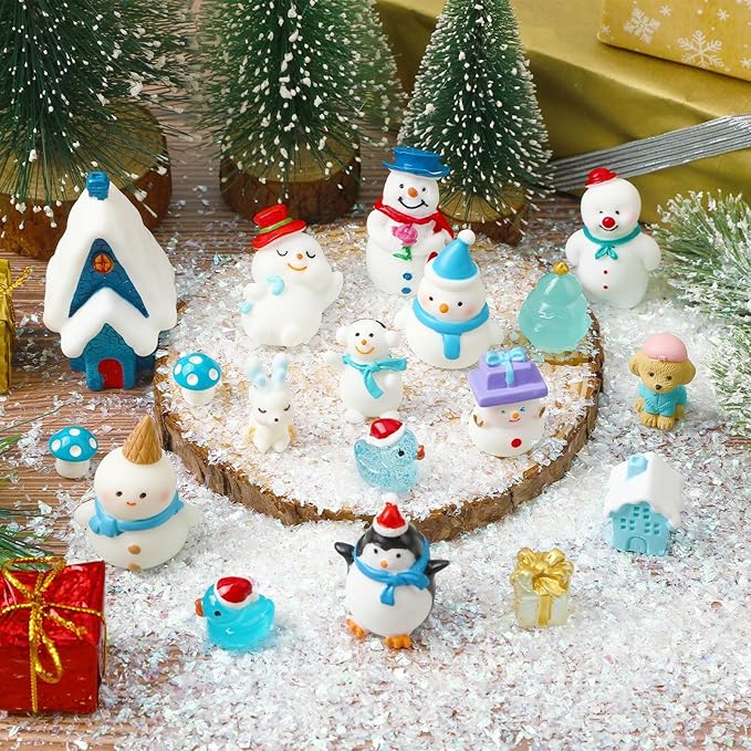 56 Pcs Winter Mini Resin Animals, Winter Miniature Blue Figures Tiny Resin Snowman Penguin Snowflake Duck Elk Christmastree for DIY Winter Snow Globes Crafts Fairy Garden Home Decor