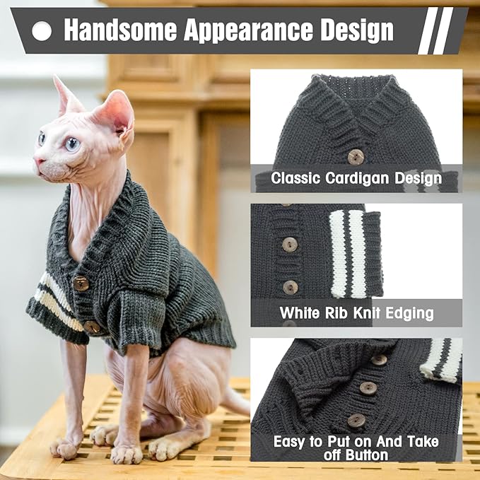 EXPAWLORER Cat Sweater Cardigan - Stylish Knitted Cat Clothes, British Style Soft Puppy Sweater with Sleeve Warm Pet Clothing Knitwear, Fall and Winter Kitten Coat for Girl Boy Cats, Grey Large