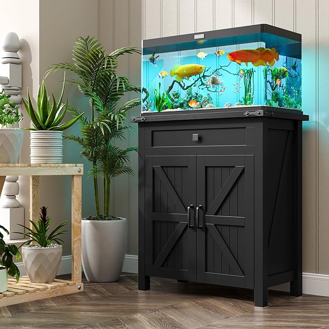 20 Gallon Fish Tank Stand with Power Outlets, Farmhouse Decorative Aquarium Stand Furniture with Adjustable Shelves, 10-20 Gallon Reptile Turtle Tank Stand with Cabinet Storage (Black, 20GL)