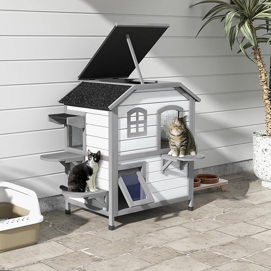 PawHut 2-Story Cat House Outdoor, Weatherproof Wooden Cat Enclosure for Feral Cats with Escape Door, Openable Roof, Jumping Platforms, White