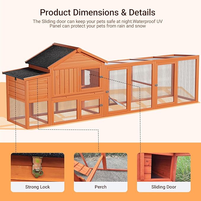 113.5" Large Wooden Chicken Coop with Run – Outdoor Hen House for 2-4 Chickens, Waterproof Roof, Nesting Box, Ramp & Perch, Predator-Proof, Removable Tray, Secure & Durable Natural