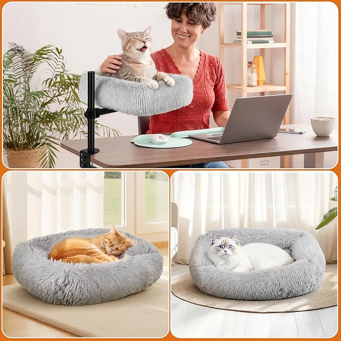 Large Cat Desk Bed - 360°Rotating Height Adjustable, Soft Removable Cat Hammock Bed, Suitable for Gaming Desks and Office Desks, Maximum Weight Capacity Up to 35 lbs