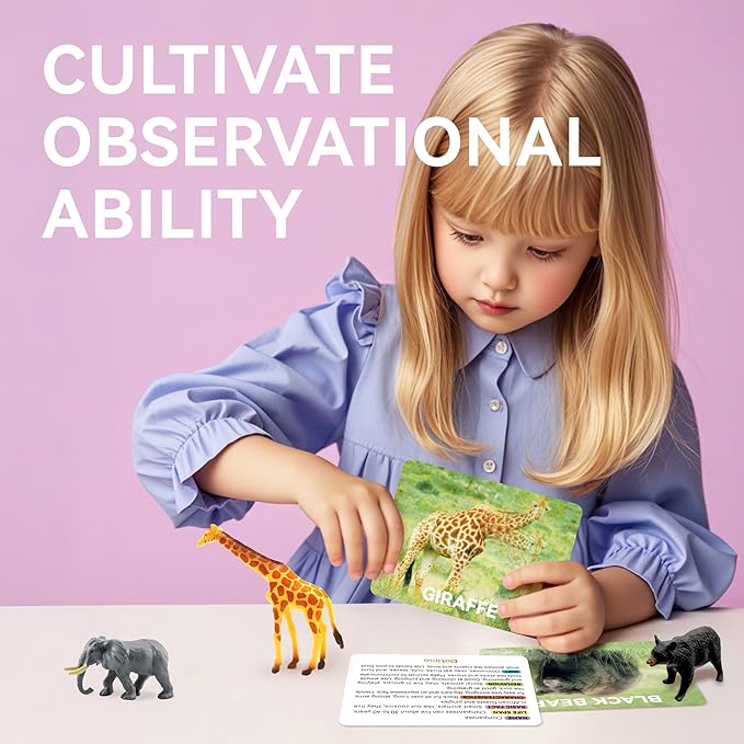 Dotimo Mini Zoo Animals Toys for Kids, 12 Sets of Realistic Wild Animal Figures with 3D Introduction Flash Cards, Montessori Toys, Science Educational Matching Game for Preschool & Toddler 3-5