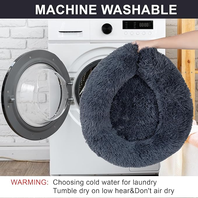Dog Calming Beds for Medium Large Dogs Round Donut Washable Puppy Dog Bed, Anti-Slip Faux Fur Fluffy Donut Cuddle Anxiety Cat Pet Bed(36" Dark Grey)