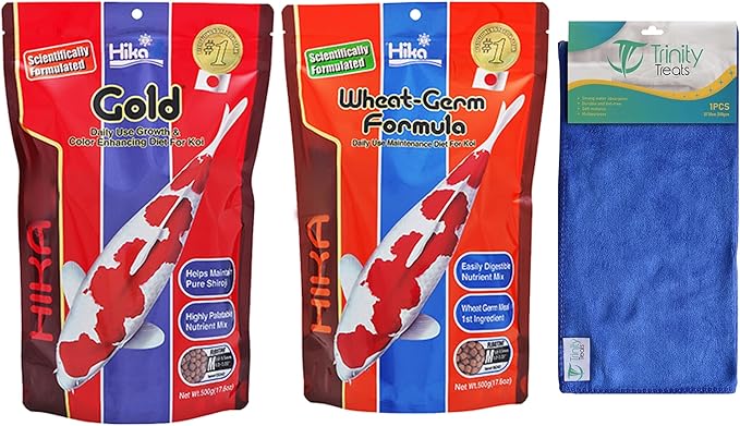 Koi Fish Food & Goldfish Food – Medium Pellets for Ponds – Wheat Germ Koi Food for Healthy Pond Fish, 17.6oz Bag with Microfiber Cleaning Cloth