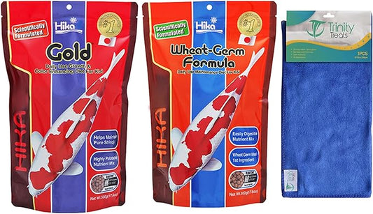 Koi Fish Food & Goldfish Food – Medium Pellets for Ponds – Wheat Germ Koi Food for Healthy Pond Fish, 17.6oz Bag with Microfiber Cleaning Cloth