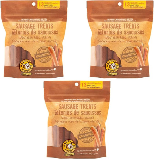 Happy Howie's Sausage Treats - Healthy Dog Treats, Flavorful, Slow Cooked, Natural Ingredients, Chewy Dog Treats, Hormone Free - Turkey, (Pack of 3)