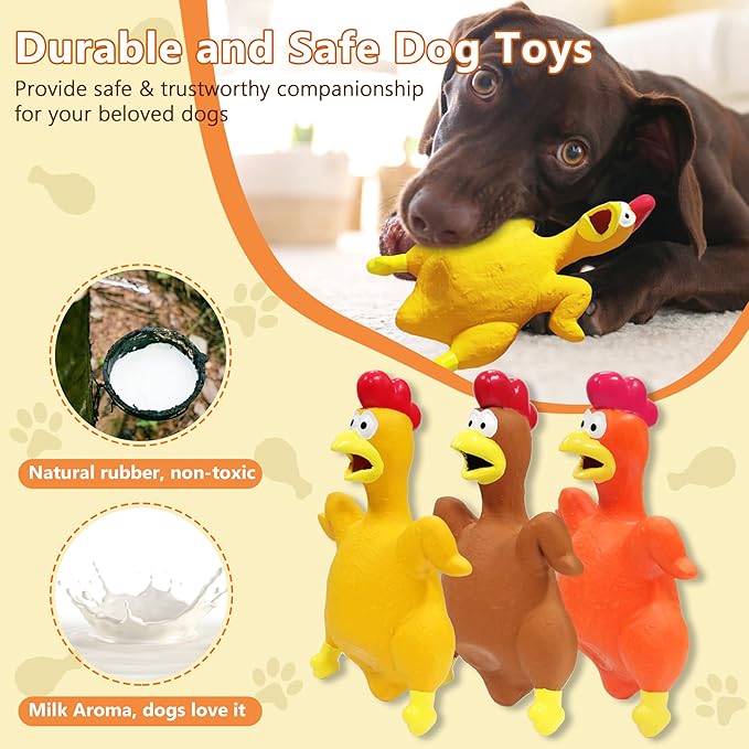 Chicken Dog Toys, Natural Rubber Grilled Chicken Squeaky Toys, Durable Chew Toys for Small to Large Dogs, Teething Puppy Dogs (3 Packs)