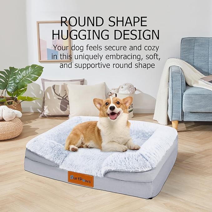 Orthopedic Dog Bed with Memory Foam - Luxurious Plush Surface, Removable & Washable Cover, Non-Slip Bottom, Dog Sizes (Large)