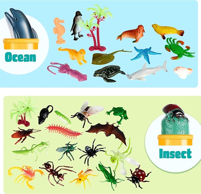 JOYIN 69 Pcs Small Animal Figures, Mini Jungle Toy Set with Sensory Bin, Realistic Wild Forest Playset, Zoo, Ocean, Farm Animals Figurines, Dinosaur Party Favors, Gifts for Boys and Girls, Kids 3-5