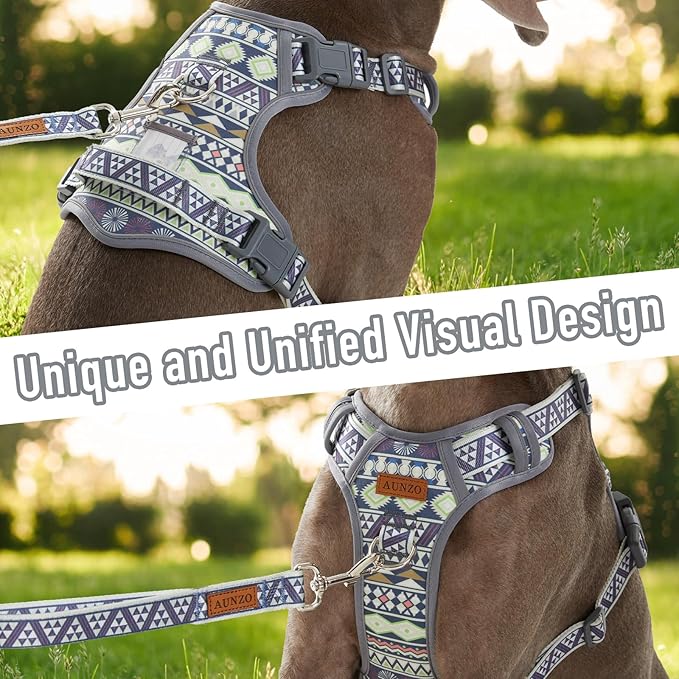 Small Dog No Pull Dog Harness, Pet Harness with ID Card Reflective Strip Soft Padded Handle, Adjustable Vest Harness for Walking Hiking Training, Geometric Pattern, Beagle, Gray Ethnic, S