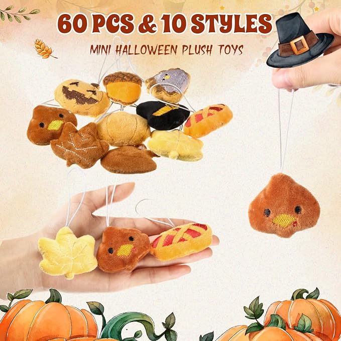 Libima 60 Pcs Thanksgiving Mini Stuffed Animals Fall Plush Keychain Set Autumn Plush Toys for Carnival Birthday Thanksgiving Day Decoration for Clothes