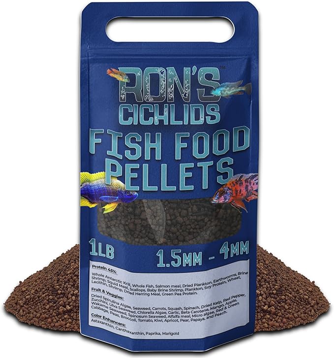 RON'S CICHLIDS Fish Food Pellets - USA Made Slow Sinking Pellets & Sticks Feed, Low Fillers, Koi, Pond, Goldfish, Tetra, Pleco, Oscar, Angelfish & Tropical Aquarium Fish, 1.5mm-4mm, Adult Blend 1 LB