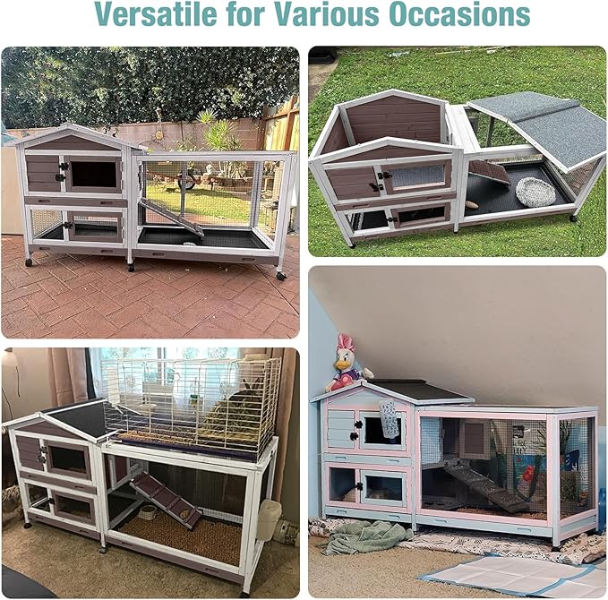 Rabbit Cage,Indoor Rabbit Hutch with Matel Frame and Pull Out Tray,Bunny Hutch Chicken Coop with Run (Brown)