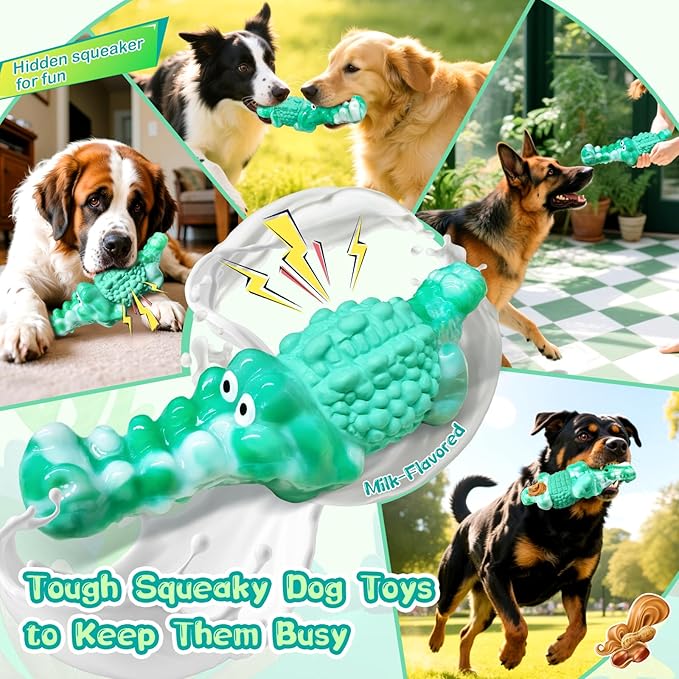 Dog Chew Toys for Aggressive Chewers - Indestructible Squeaky Crocodile Dog Toy for Small/Medium/Large Breeds, Best Tough Chew Toys for Teeth Cleaning and Anxiety Reduction, Boredom or Stress Relief