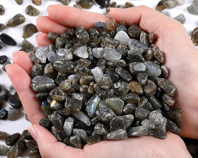 QINJIEJIE 0.9Lbs Labradorite Crystal Chips Vase Filler Crushed Rocks Aquarium Polished Gravel Decorative Plants Succulent Small Stones Terrarium Irregular Shaped Pebbles Fish Tank Bulk Sand