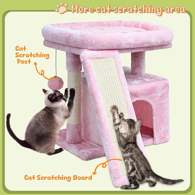 Small Cat Tree for Indoor Cats, Cat Tower with Perch, Condo, House and Stable Stand for Kittens & Adult Pets（Pink）