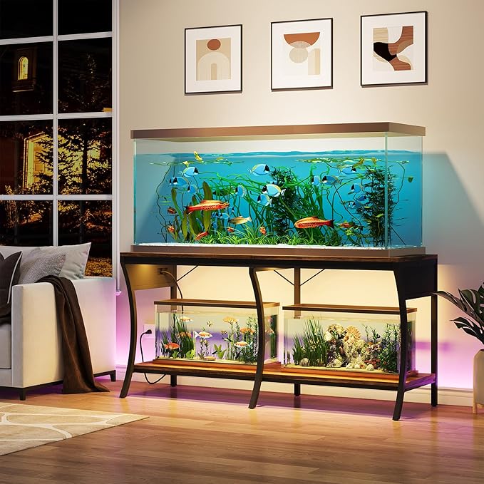 55-90 Gallon Fish Tank Stand with Power Outlets, 2-Tier Aquarium Stand with LED Light Strip & Open Storage Shelves, Heavy Duty Metal Table for Reptile Tank, 1150 LBS Capacity