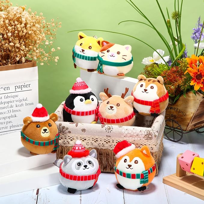 Aoriher 8 Pcs Mini Woodland Animals Plush Toys 3.15 Inch Soft Stuffed Animals Ornaments Bulk Colorful Woodland Keychain for Birthday Baby Shower Party Decors Classroom Prizes(Cap and Scarf)