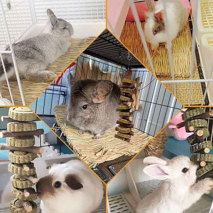 kathson 18PCS Bunny Chew Toys for Teeth,Rabbit Grass Mats,Natural Hay Woven Bunny Bed,Rabbit Wood&Bamboo Sticks and Timothy Grass,Small Animals Chew Treat Toy for Guinea Pig,Hamster,Chinchillas,Mouse