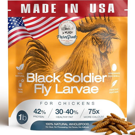 USA Grown Black Soldier Fly Larvae for Chickens - 100% Natural Dried Worms, Grubs & Mealworms with 85X More Protein Chicken Treats for Laying Hens - Birds Feed Supplement for Ducks & Reptiles