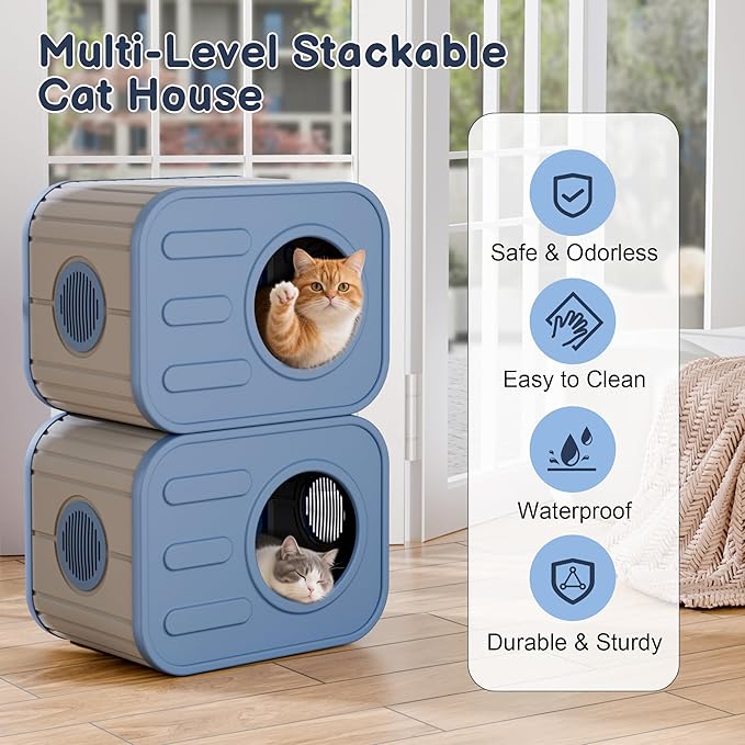 Outdoor Cat House, Outside Cat Shelter with Dual Ventilation Waterproof Resin Pet House for Indoor and Outdoor Use Shelter Pet Home for Cats Small Dogs, Blue