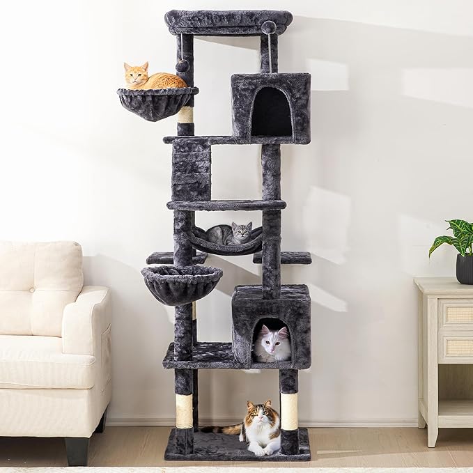 73" Multi-Level Cat Tree Tower for Large Cats with Scratching Posts, Condos, Perch, Hammocks & Toys, Large Cat Jungle Gym for Indoor Cats, Ideal for Multi-Cat Households, Grey