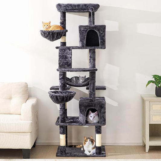 73" Multi-Level Cat Tree Tower for Large Cats with Scratching Posts, Condos, Perch, Hammocks & Toys, Large Cat Jungle Gym for Indoor Cats, Ideal for Multi-Cat Households, Grey