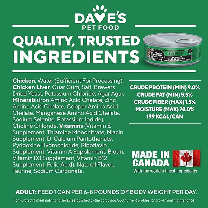 Dave's Pet Food Grain Free Wet Cat Food (95% Chicken & Chicken Liver Pate), Made in Canada Naturally Healthy Canned Cat Food, Added Vitamins & Minerals, Wheat & Gluten-Free, 5.5 oz (24 Pack)