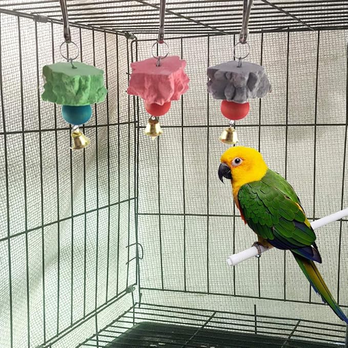 Bird Grinding Beak Calcium Stone with Bell,Rat Mineral Lava Block Trimming Teeth Chewing Toys for Chinchilla Bunny Budgie Cockatiel Parakeet Parrot 6-Pcs(Random Delivery of Color)