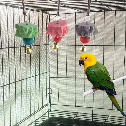 Bird Grinding Beak Calcium Stone with Bell,Rat Mineral Lava Block Trimming Teeth Chewing Toys for Chinchilla Bunny Budgie Cockatiel Parakeet Parrot 6-Pcs(Random Delivery of Color)