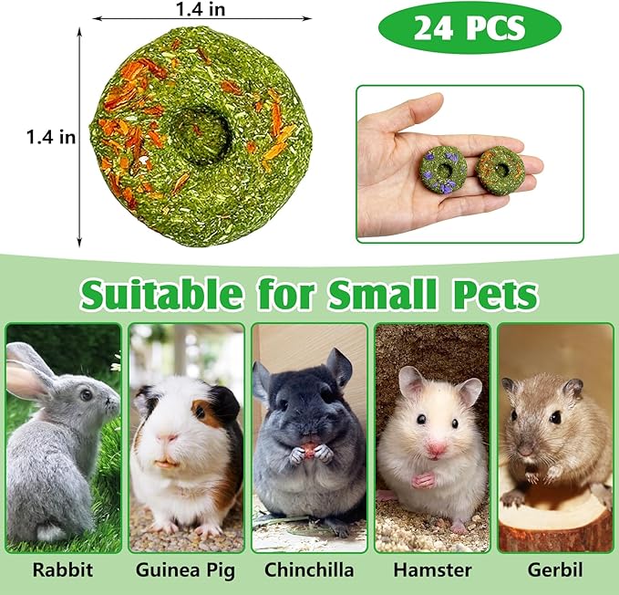 Fhiny Rabbit Chew Toys, 24 PCS Natural Timothy Hay & Flowers Biscuit Guinea Pig Chew Snacks for Teeth Handmade Small Animal Molar Treats for Bunny Guinea Pig Chinchilla Hamster Gerbil Dental Care