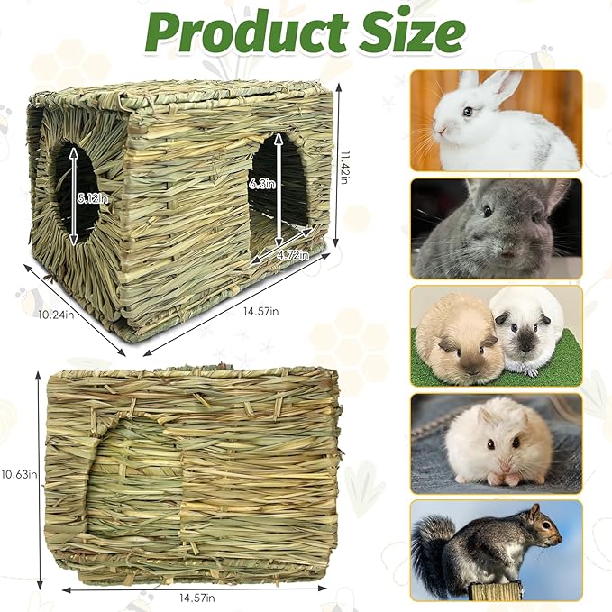 Hamiledyi Large Rabbit Grass House Hand Woven Natural Bunny Hut Foldable Play Bed Safe Cozy Hideaway Hay Mat Chew Toys for Hamster Guinea Pig Chinchilla Gerbil Ferret
