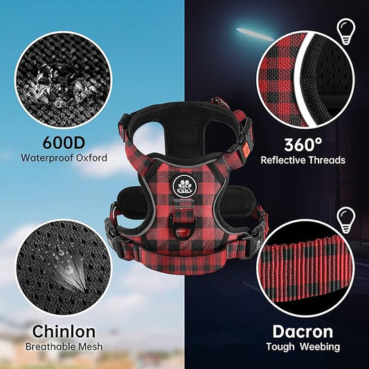 NESTROAD No Pull Dog Harness with Leash, Reflective No Choke Pet Vest Harness,Adjustable Soft Padded Dog Harness with Easy Control Handle for Large Dogs(Checkered Red,X-Large)