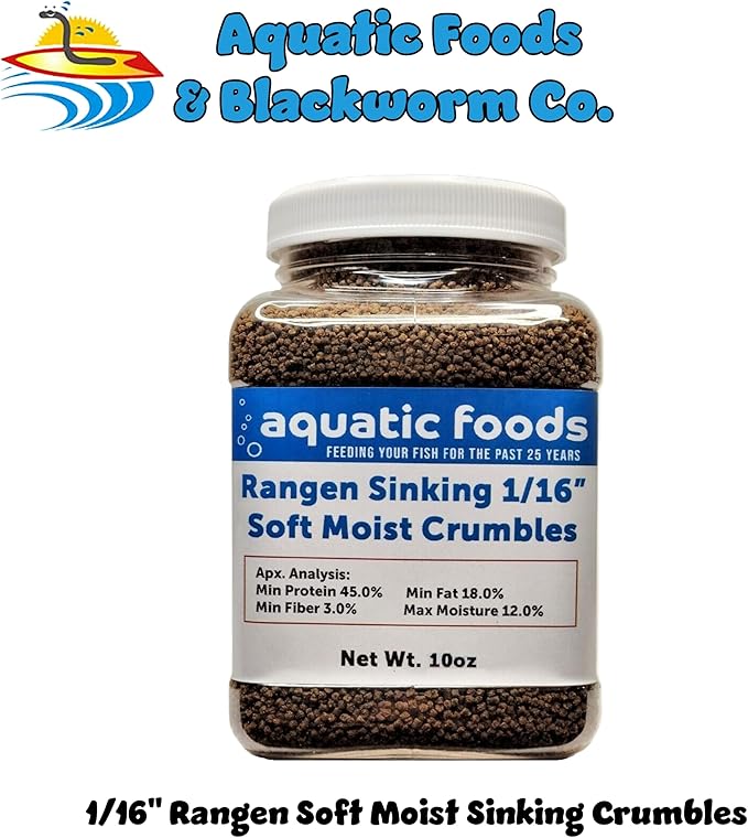 Aquatic Foods Inc. 1/16" Soft Moist Sinking Salmon Crumbles for Baby Axolotls, Shrimp, Snails, Crabs, Small Amphibians, Bottom Tropical Fish ...10oz Small Jar