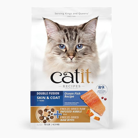Catit Recipes Double Fusion Skin & Coat Cat Food – Ocean Fish Recipe, High-Protein, Freeze-Dried Raw Toppings, Omega-Rich for Healthy Skin & Fur, No by-Products, Minimally Processed, 10 lb