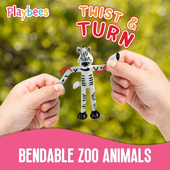 Bendable Mini Zoo Animals - 24 PCK - Durable Plastic & Flexible Animal Figures - Stress Relief Toys for Kids & Adults - Bendable Rainforest Creature Toys - Piñata Fillers, Goody Bag Stuffers