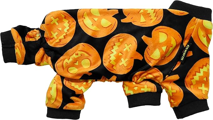 Fitwarm Halloween Pumpkin Dog Pajamas, Funny Dog Winter Clothes for Small Dogs Girl Boy, Pet Jumpsuit, Cat Halloween Costumes with Feet, Lightweight Velvet, Black, Orange, XS