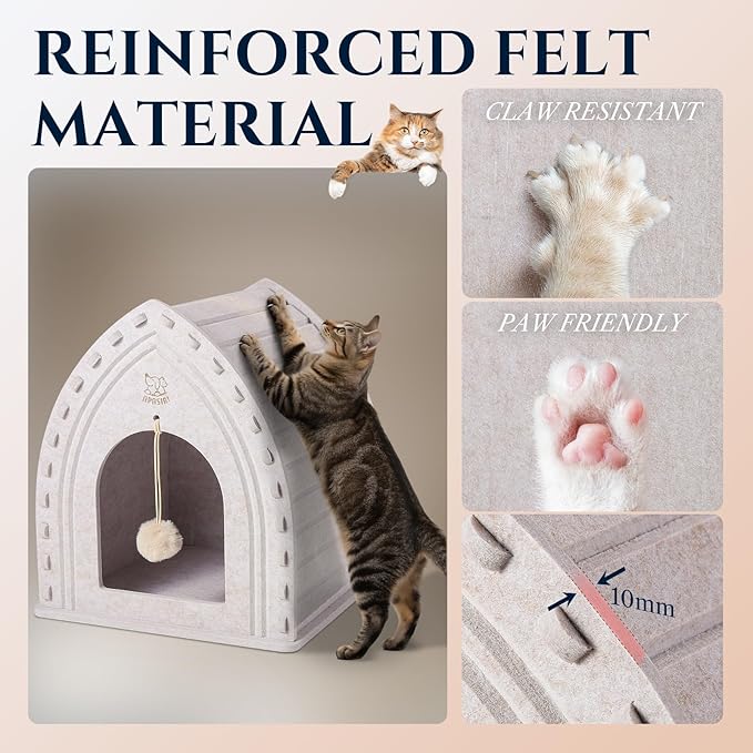 Apasiri Thermal Insulatef Cat Bed Cave for Indoor Cats: Felt Cat Scratcher House, Enclosed Cat Bed, Cat Shelter for Anxious Cats, Private Kitten Condo, Cat Hut No-Tool Assembly, 11.6x11.6x13.8 Inches