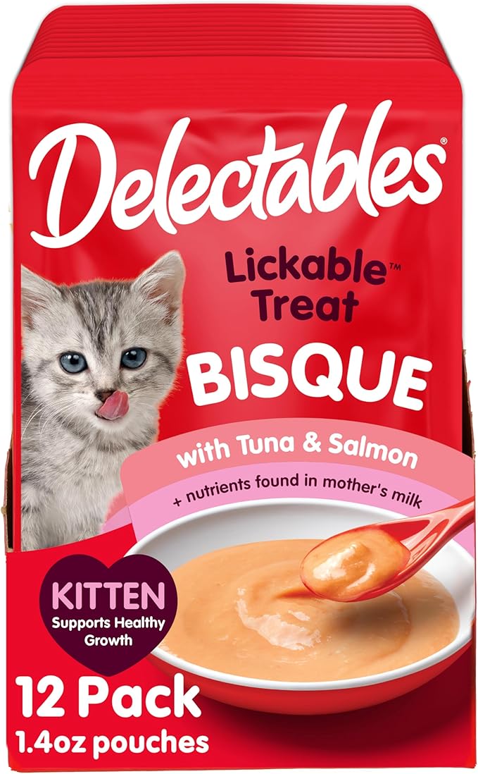 Hartz Delectables Bisque for Kittens, Complete & Balanced Tuna & Salmon Cat Wet Lickable Treats, 12 Count