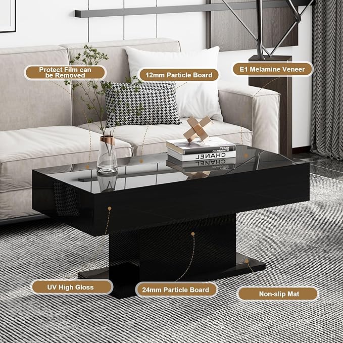Led Coffee Table for Living Room, Living Room Table Rectangular Center Table, Modern High Glossy Wooden Coffee Tables with 16 Colors LED Lights for Dining Reception Room, Black