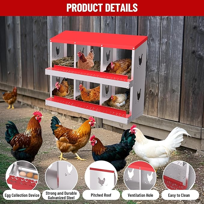 6 Compartments Chicken Nesting Box,Metal Chicken Egg Laying Box, Nesting Boxes,Easy Egg Collection, Easy Cleaning（Red）