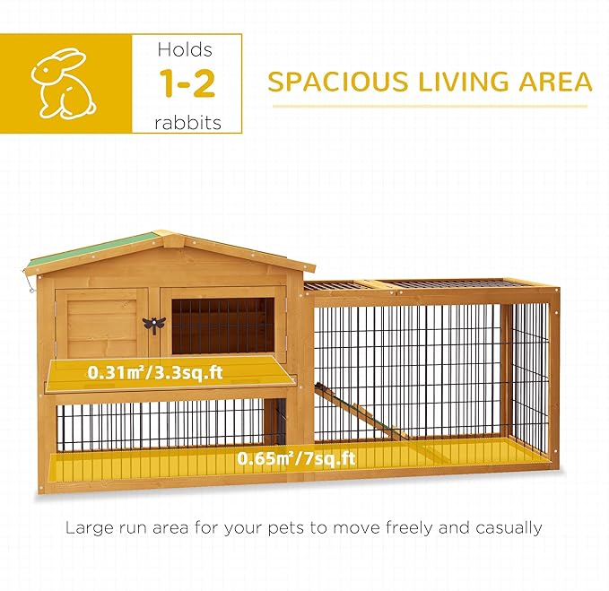 PawHut Rabbit Hutch, 2 Story Outdoor Bunny Cage with Slide-Out Tray, Run Cage, Openable Top for Rabbits, Guinea Pig, Yellow