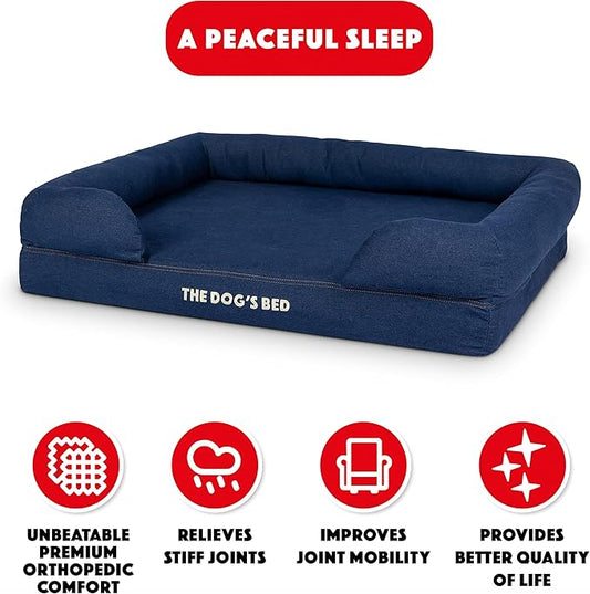 The Dog’s Bed, Large Blue Denim 36x27, Memory Foam, Pain Relief: Arthritis, Hip & Elbow Dysplasia, Post Surgery, Lameness, Supportive, Calming, Waterproof Washable Cover, Veterinary Approved