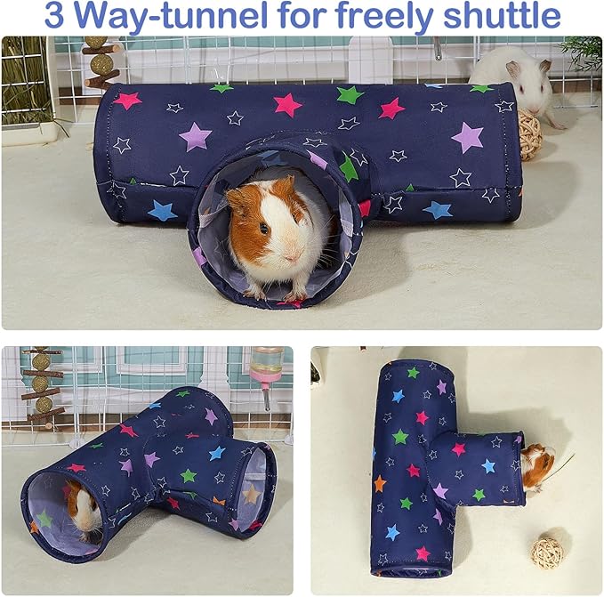 Bienbee Guinea Pig Tunnel, 3 Way Washable Guinea Pig Hideout,Foldable Rabbit Tunnel Guinea Pigs Toys for Bunny Hamster Chinchilla Ferret Rabbit Guinea Pigs Accessories Stars